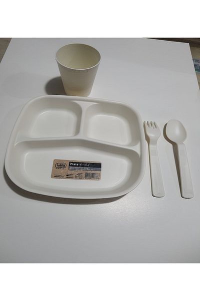 HOBBY LİFE Breakfast Plate 3 Compartment Food Plate Table D'hote and Cup and Fork Spoon
