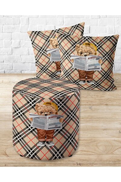 Armi Puf Krem Ekose Teddy 7 Yuvarlak Puf+2 Kırlent Kılıfı