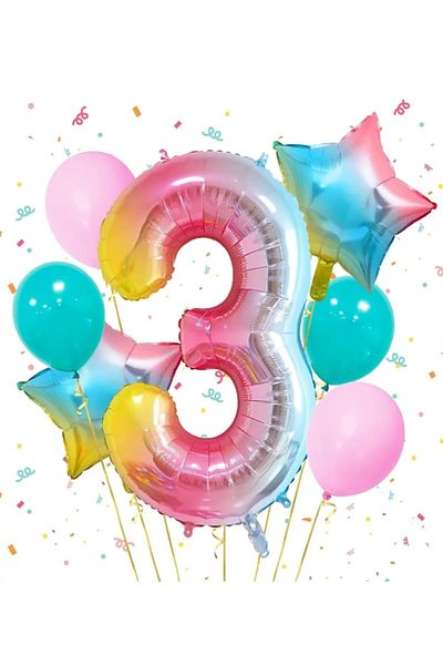 LOTUS PARTY 3 Year Old Rainbow Birthday Party Set - Number Foil Balloon - Star Foil Balloon