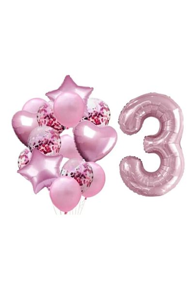 LOTUS PARTY 3 Year Old Birthday Celebration Party Set - Pink Figure Foil Balloon Pink 2 Stars 2 Hearts Foil Balloon