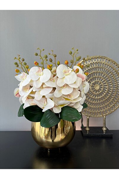 LİLOTEHOME Yapay Luxury Orkide 6 Dal Islak Beyaz Japon Model Gold Renk Saksı ...