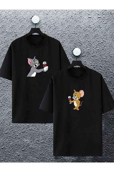Joza Outdoors Femei Bărbați Tom și Jerry Rakı Vin imprimat Lover Cuplu Combinație Design Tricou supradimensionat Set de 2