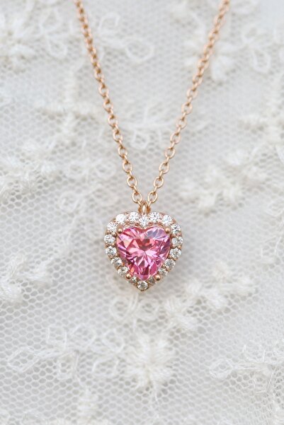 Crystal Diamond Zirconia 1 Karat Pembe Kalp Kolye