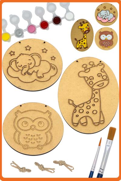 Genel Markalar Çocuklar Için Sevimli Hayvanlar Fil Zürafa Baykuş Figürlü Ahşap Boyama Tuval Seti Hediye Hobi Kiti