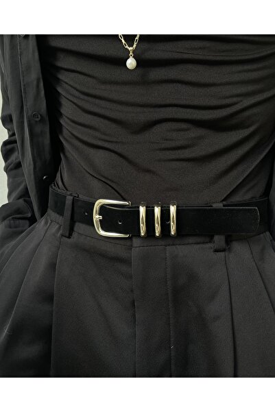 Tina 3 Köprülü Metal Toka Süet Kemer Siyah