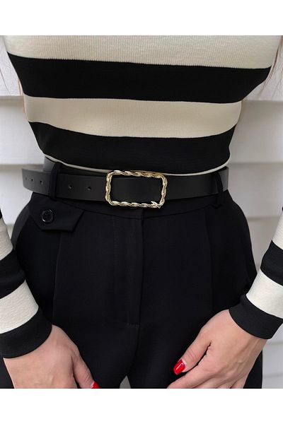Tina Black Metal Buckle Leather Belt - Twist Detail