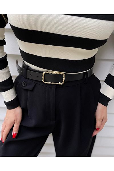 Tina Black Metal Buckle Leather Belt - Twist Detail