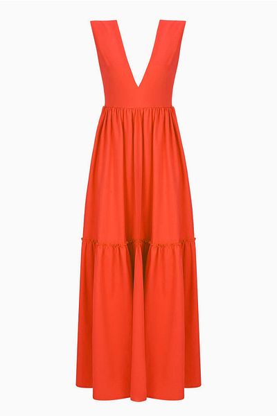 Whenever Company Orange Wide Cut Sleeveless V-Neck Long Dress