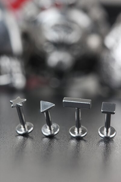 Valhalla 316l Cerrahi Çelik Kıkırdak Tragus Conch Helix Labret Yıldız Üçgen Kare Dikdörtgen 4'lü Set Piercing