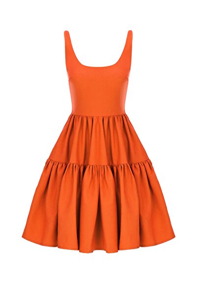 Whenever Company Orange Wide Cut Strap U-Neck Mini Dress