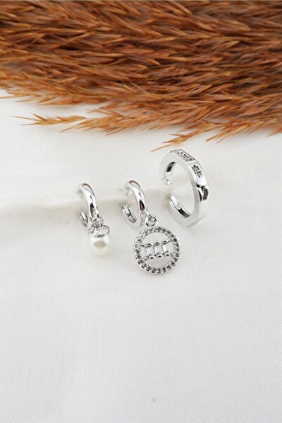 By Zeyna Aksesuar طقم أقراط نسائي مكون من 3 قطع مرصع بحجر الزركون واللؤلؤ