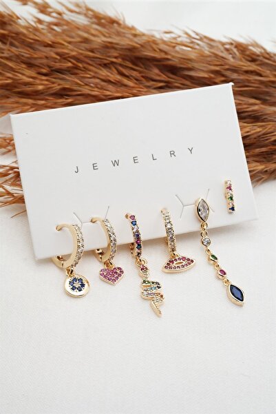 By Zeyna Aksesuar Kadın Altın Kaplama Renkli Yılan Ve Kalp Figürlü 6'lı Set Küpe