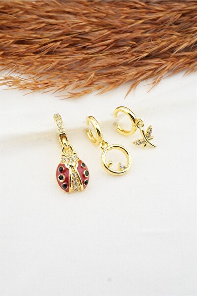 By Zeyna Aksesuar Women's Zircon Stone Enameled Ladybug Figured 3-Piece Earri...
