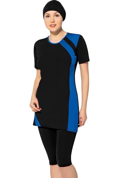 Swana Costum de baie semi-hijab cu dungi negre de damă