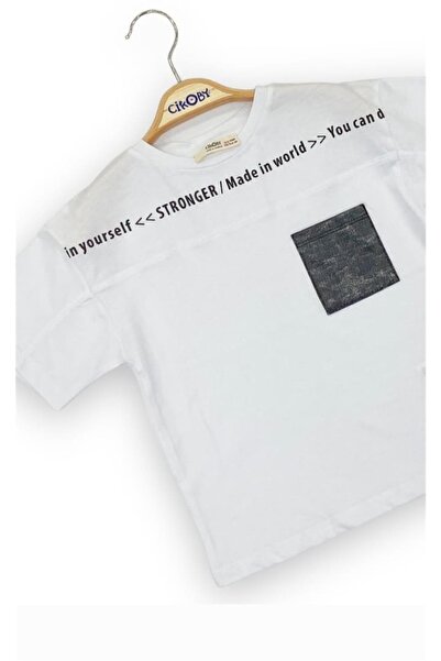 Çikoby Tricou din bumbac pentru baieti - Detaliu buzunar din piele, Text Stronger