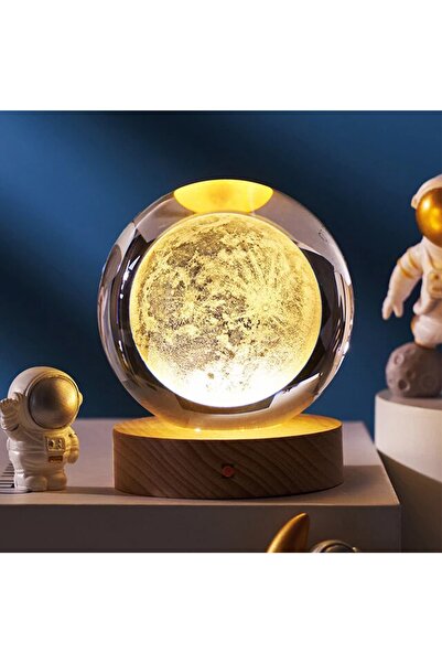 Zemtigo 3d Led Işıklı Ahşap Standlı Cam Ay Küre Dolunay Lamba
