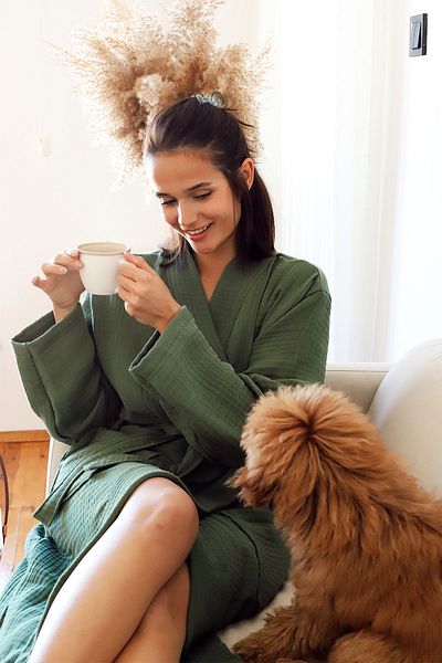 vivamaison Halat de baie kimono pentru adulți, 100% bumbac 4 straturi Multi Muslin Verde închis