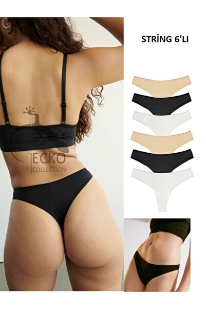 GECKO COLLECTION Gecko 6'lı String Tanga Kadın Külot Siyah-beyaz-ten