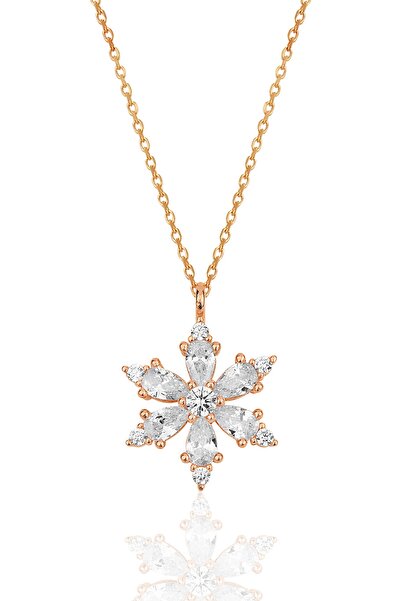 Bilsen Store 925 Ayar Gümüş Zincirli Rose Kaplama Damla Beyaz Taşlı Lotus Kam...