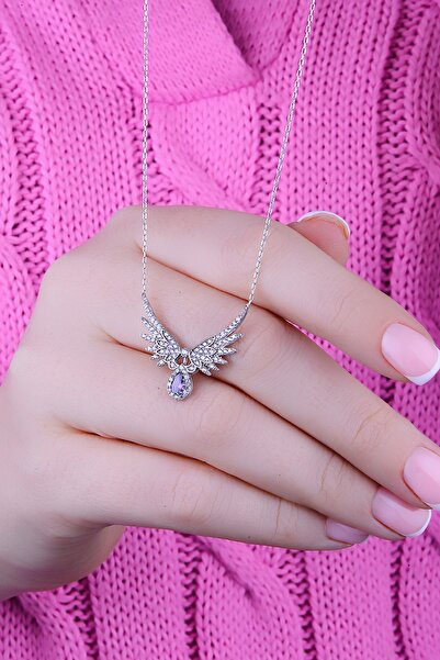 Bilsen Store 925 Ayar Gümüş Zincirli Ametist Damla Taşlı Melek Kanatlı Kolye
