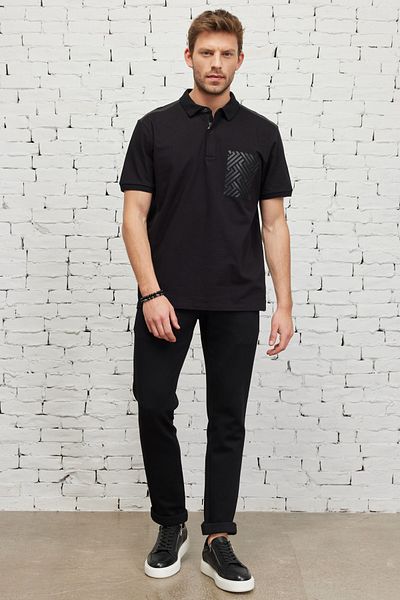 ALTINYILDIZ CLASSICS Men's Black Slim Fit Narrow Cut Polo Neck Printed Cotton T-Shirt