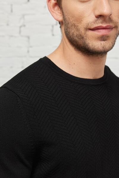 ALTINYILDIZ CLASSICS Чоловічий чорний стандартний крій, нормальний крій, велосипедний комір, трикотажний футболка з жакардовим візерунком