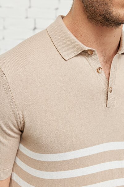 ALTINYILDIZ CLASSICS Men's Mink-ecru Standard Fit Regular Cut Polo Neck 100% Cotton Short Sleeve Striped Knitwear T-Shirt