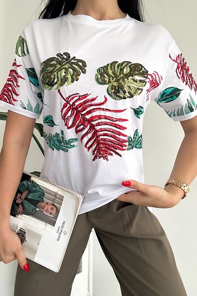 FEMELLE Tricou alb, 100% bumbac, brodat cu paiete, cu frunze de sezon nou