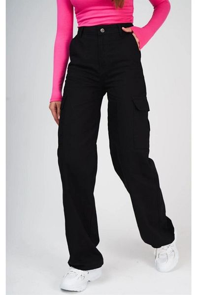 Lalove Black Fadeproof Cargo Pocket Palazzo High Waist Jeans Trousers Queen