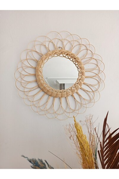 gudelidekor Hasır Bambu Rattan Duvar Aynası 30 Cm Ayna 59 Cm Bitmiş Hali