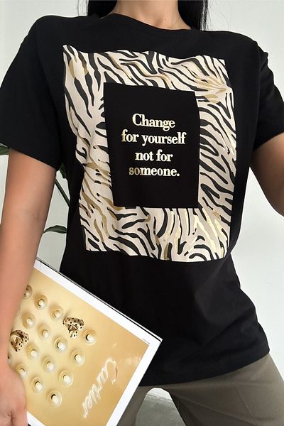 FEMELLE Tricou negru din bumbac aurit cu model leopard de sezon nou
