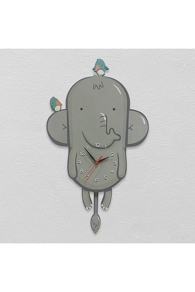 CajuArt Wooden Swinging Pendulum Elephant and Birds Children's Wall Clock