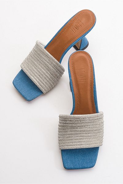 LuviShoes Doje Denim Blue Stone Heeled Slippers