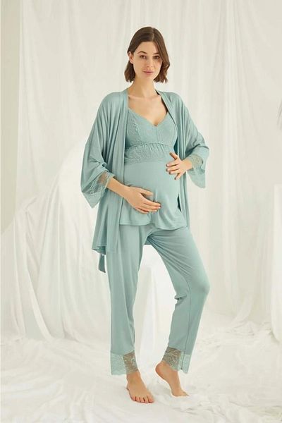 MONAMİSE 18469 Green Maternity 3-Piece Pajamas Dressing Gown