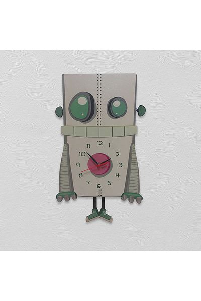 CajuArt Wooden Swinging Pendulum Robot Man Kids Room Wall Clock