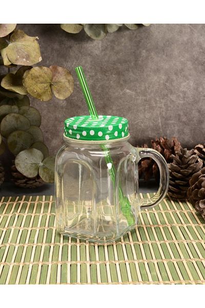 Paşabahçe Green Metal Lid Glass with Straw and Handle 450 ml