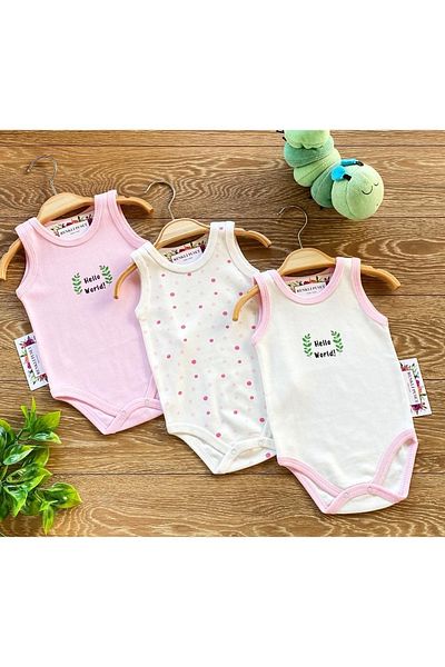Renkli Puset 3-Piece Organic Cotton Combed Newborn Baby Strappy Bodysuit Set Pink Point