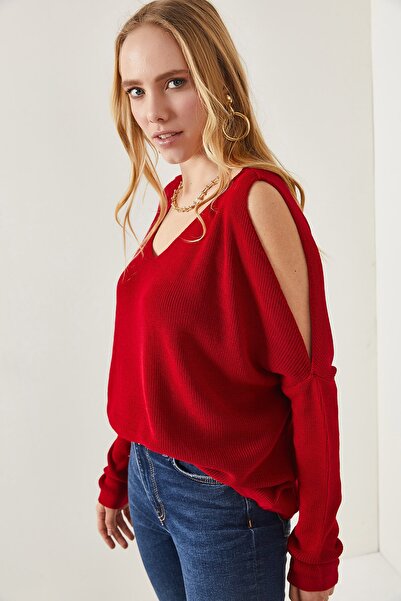 Olalook Dámská klaretová červená halenka s výstřihem do V, ramenní dekolt, ležérní pletená halenka BLZ-19002191