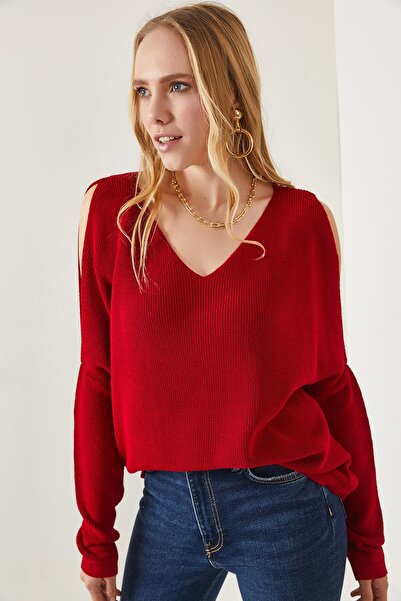 Olalook Dámská klaretová červená halenka s výstřihem do V, ramenní dekolt, ležérní pletená halenka BLZ-19002191