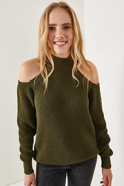 Olalook Pulover de damă, kaki, cu jumătate de pescar, cu umăr decoltat, tricotaj casual KZK-19000533