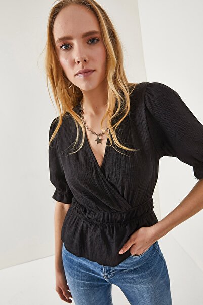 Olalook Bluză de damă neagră cu talie elastică cu două pieptări BLZ-19002187