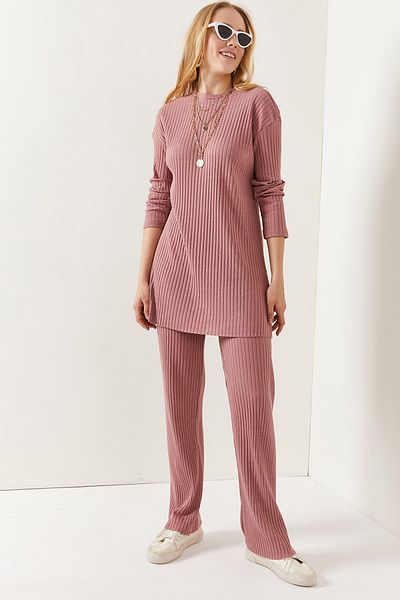 Olalook Damen Dusty Rose Top Schlitz Bluse Unterteil Palazzo Kordelzug Anzug TKM-19000180