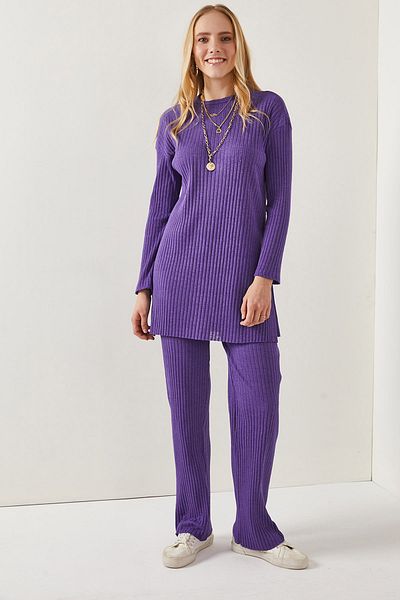 Olalook Lila Damen Oberteil Schlitz Bluse Unterteil Palazzo Kordelzug Anzug TKM-19000180