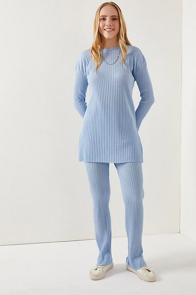 Olalook Babyblaues Oberteil mit Schlitz, Bluse und Unterteil für Damen, Palazzo-Kostüm mit Kordelzug, TKM-19000180