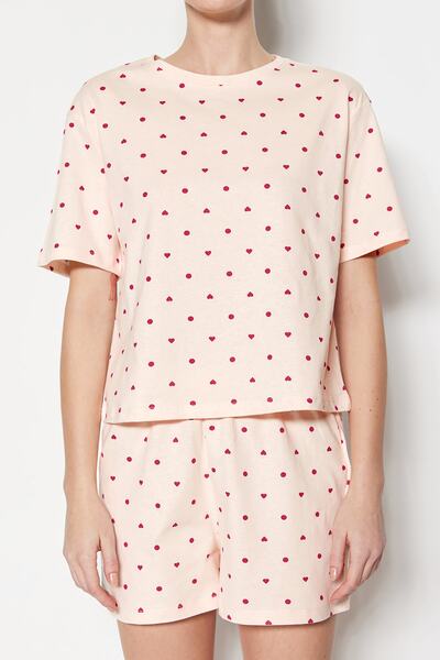 Trendyol Collection Ανοιχτό ροζ 100% βαμβακερό πλεκτό σετ πιτζάμες με πουά και σορτς καρδιά THMSS21PT1485
