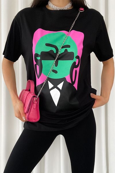 FEMELLE Tricou de damă negru din bumbac imprimat New Season