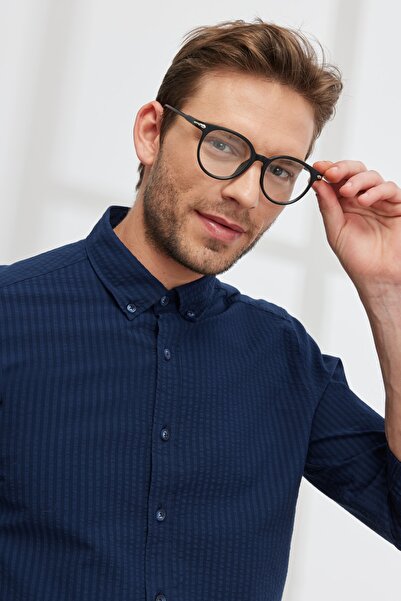 ALTINYILDIZ CLASSICS Men's Navy Blue Slim Fit Narrow Cut Button Collar 100% Cotton Shirt