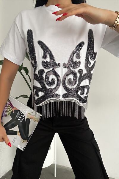 FEMELLE Dámské bílé bavlněné tričko New Season s kompletním flitrovým vyšívaným střapcem