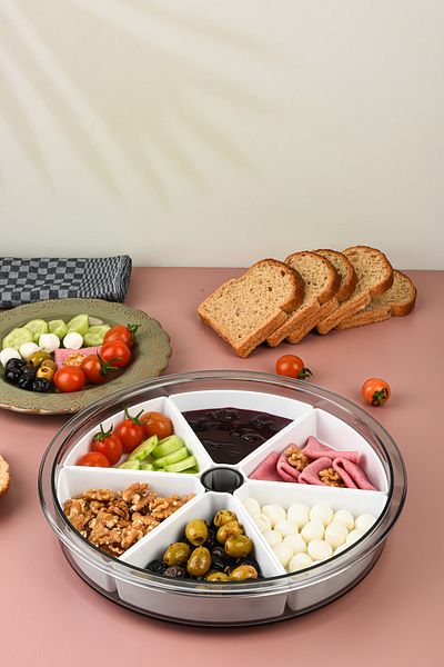 Pazarika Large Size 6 Compartment 360 Degree Rotating Breakfast Set - Round Breakfast Set with Detachable Bowl