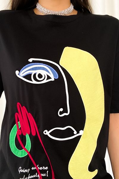 FEMELLE Tricou negru pentru femei, cu model de față, sezon nou